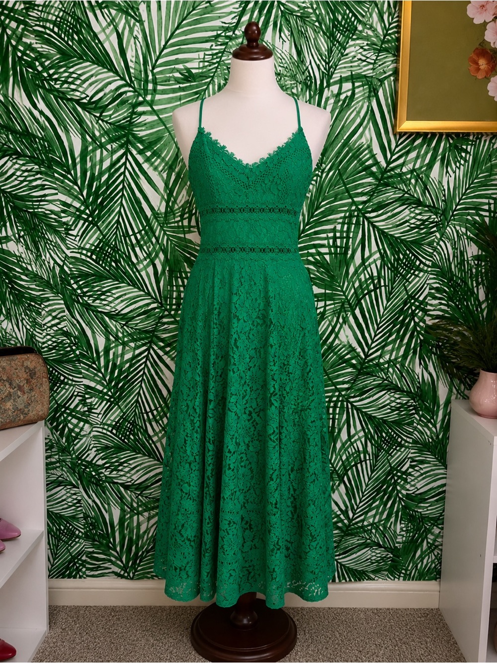 NSR Emerald Green Lace Midi Dress with Spaghetti Straps